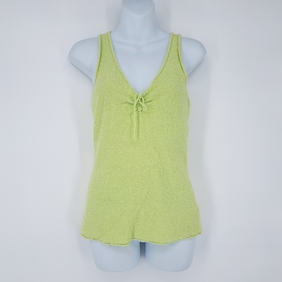 Margaret OLeary Cotton Blend Textured Ruched Neckline Tank Top In Lime - Picture 1 of 8